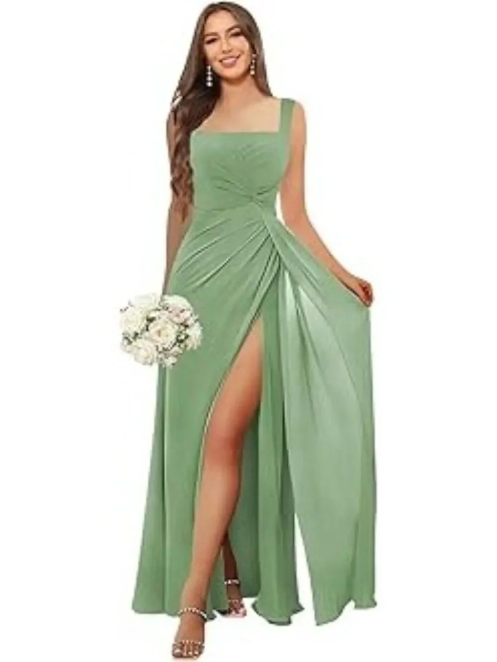 Women’s Sage Square Neck Sleeveless Bridesmaid Dress With Slit Size 8